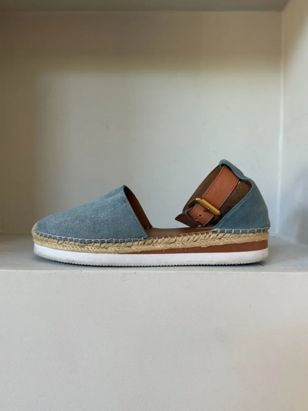 See by Chloé Glyn Blue Suede Platform Espadrille Sandals Ankle Strap 10